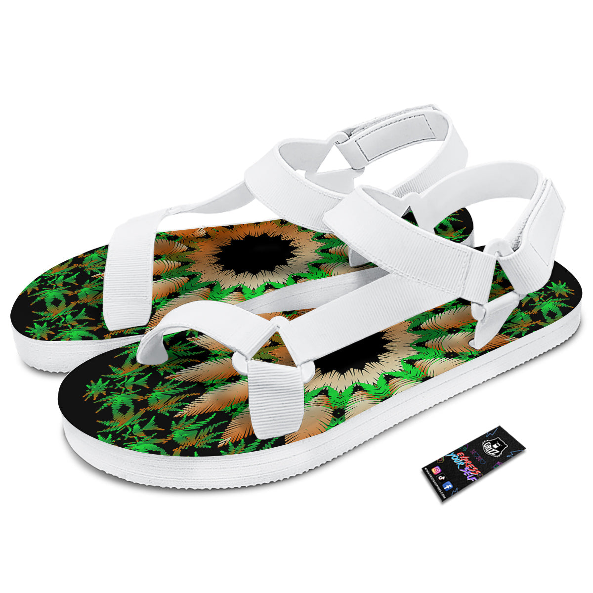 Mandala Cannabis Leaf Print White Open Toe Sandals-grizzshop