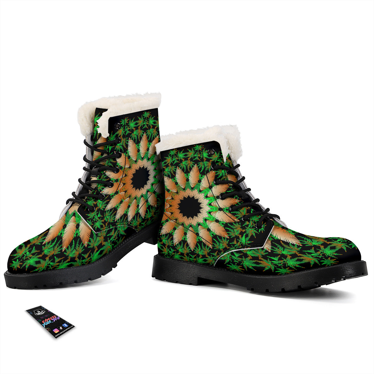 Mandala Cannabis Leaf Print Winter Boots-grizzshop