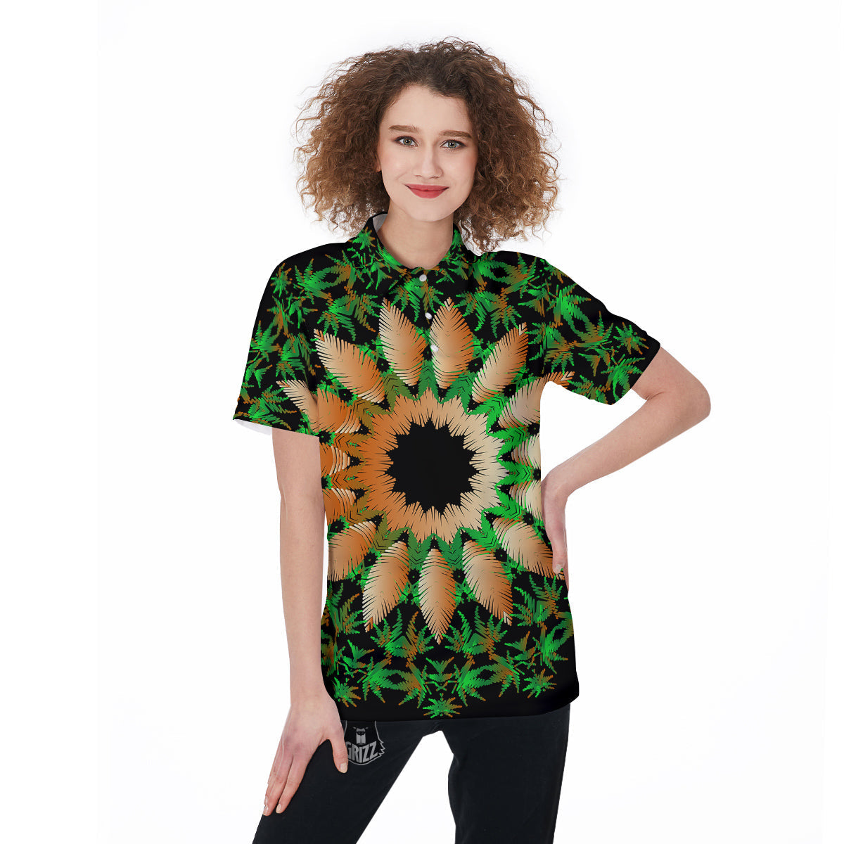 Mandala Cannabis Leaf Print Women's Golf Shirts-grizzshop