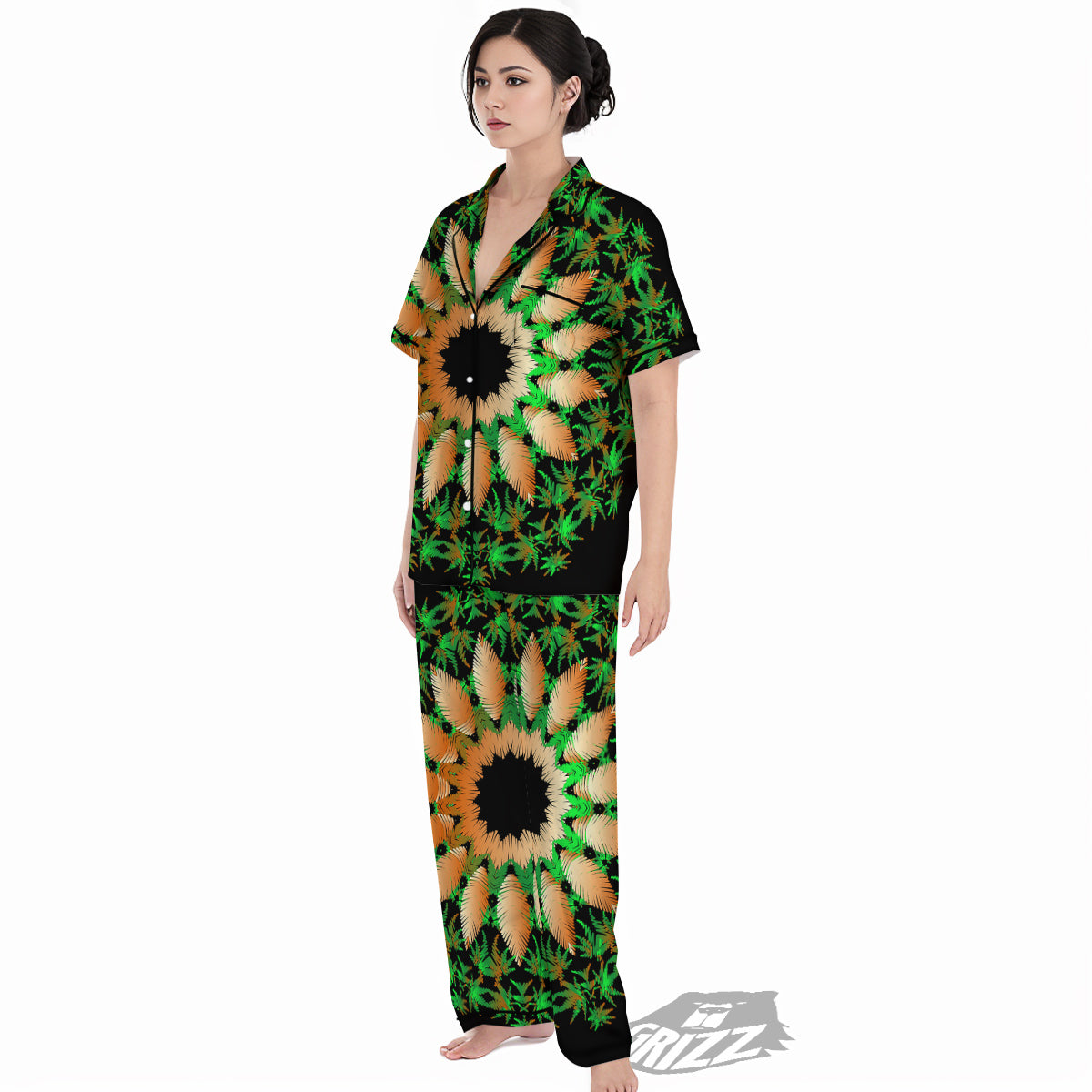 Mandala Cannabis Leaf Print Women's Pajamas Set-grizzshop