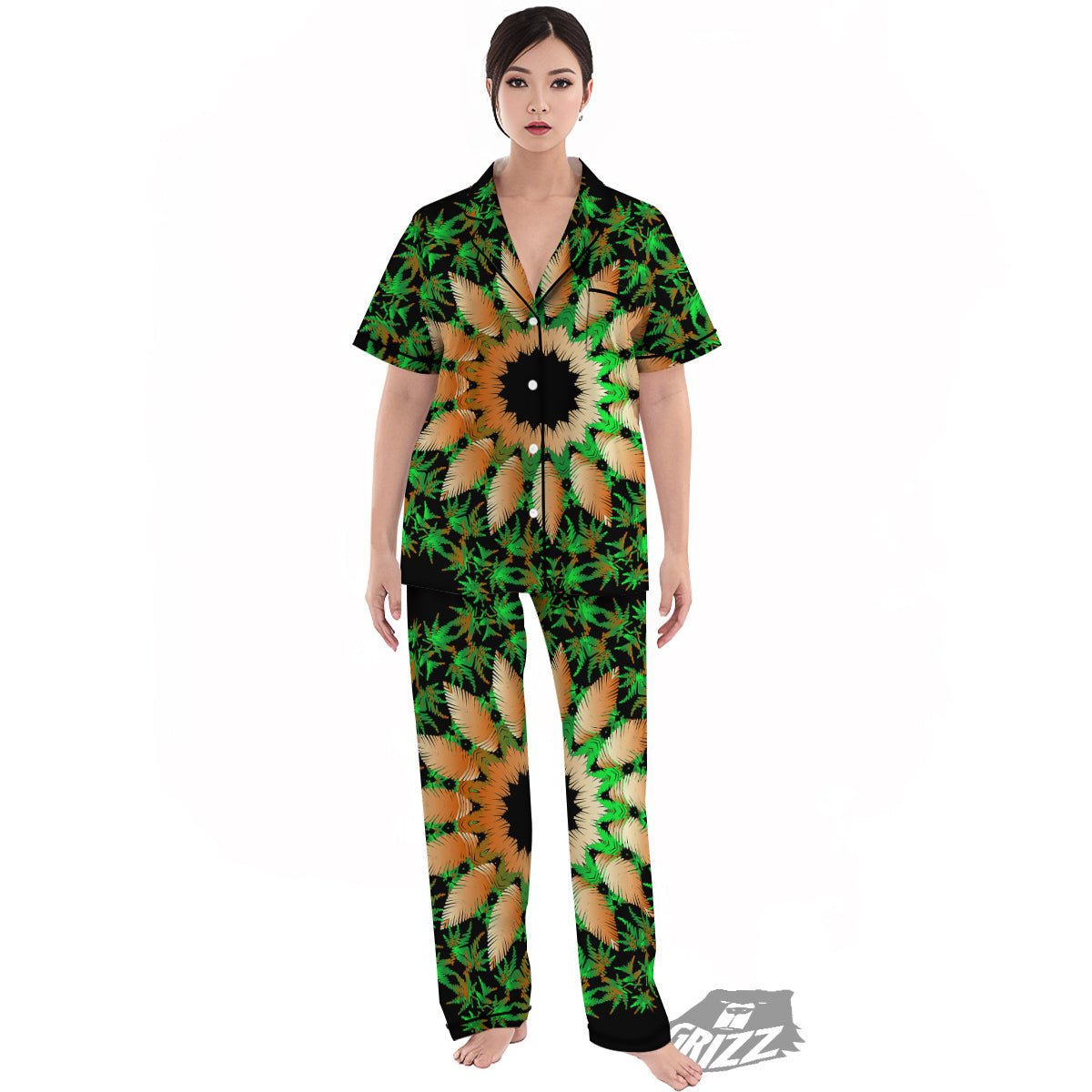 Mandala Cannabis Leaf Print Women's Pajamas Set-grizzshop