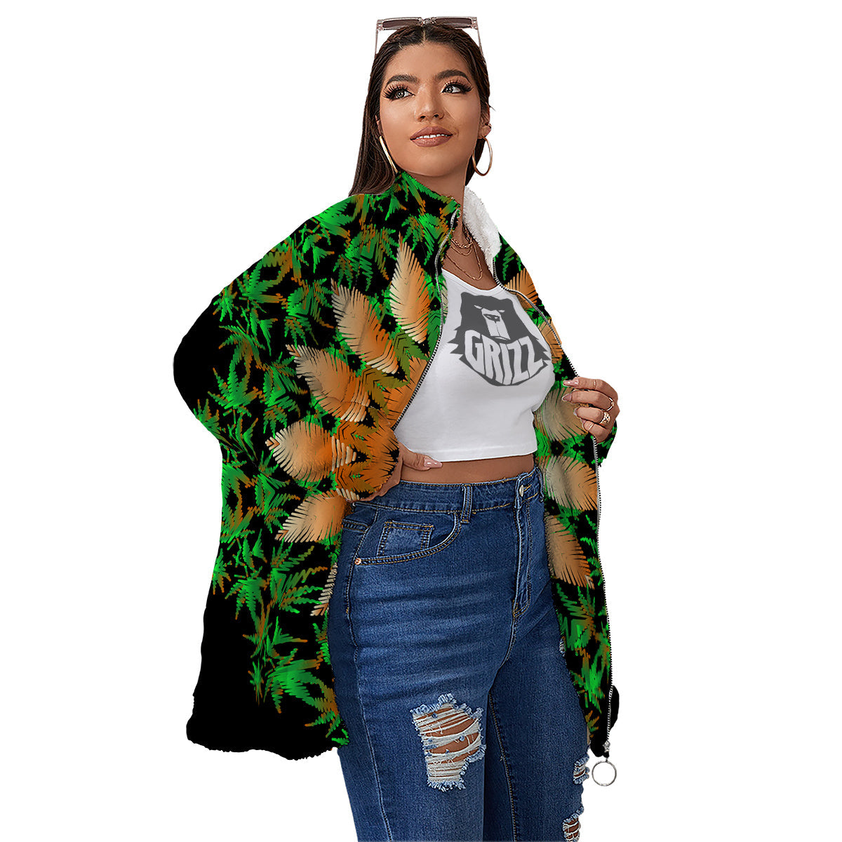 Mandala Cannabis Leaf Print Women's Sherpa Jacket-grizzshop