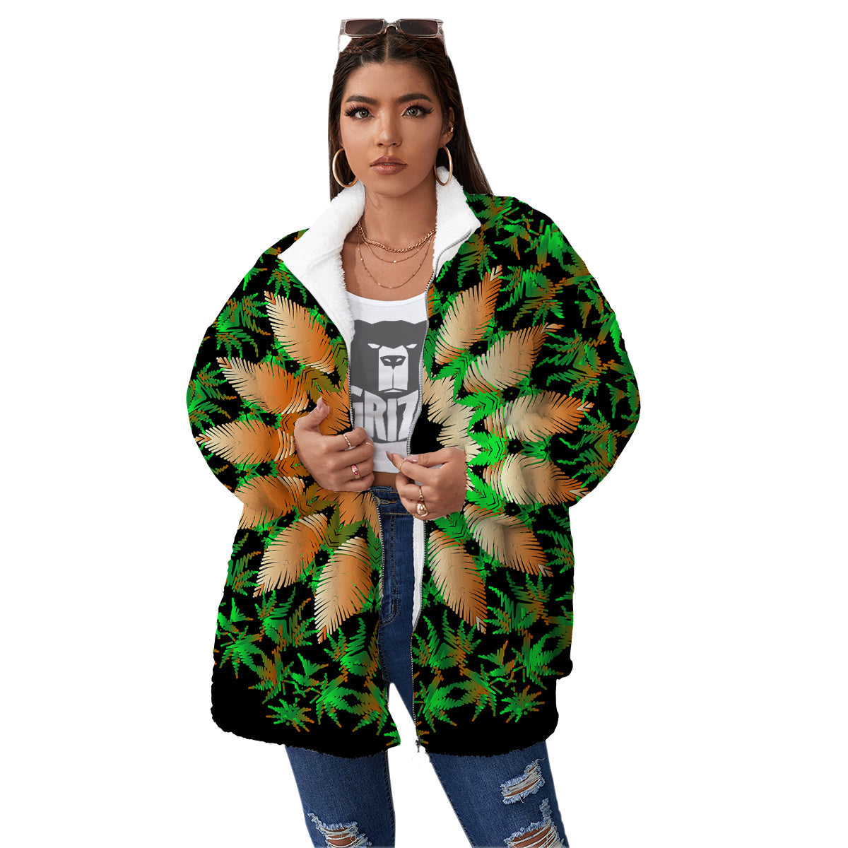 Mandala Cannabis Leaf Print Women's Sherpa Jacket-grizzshop