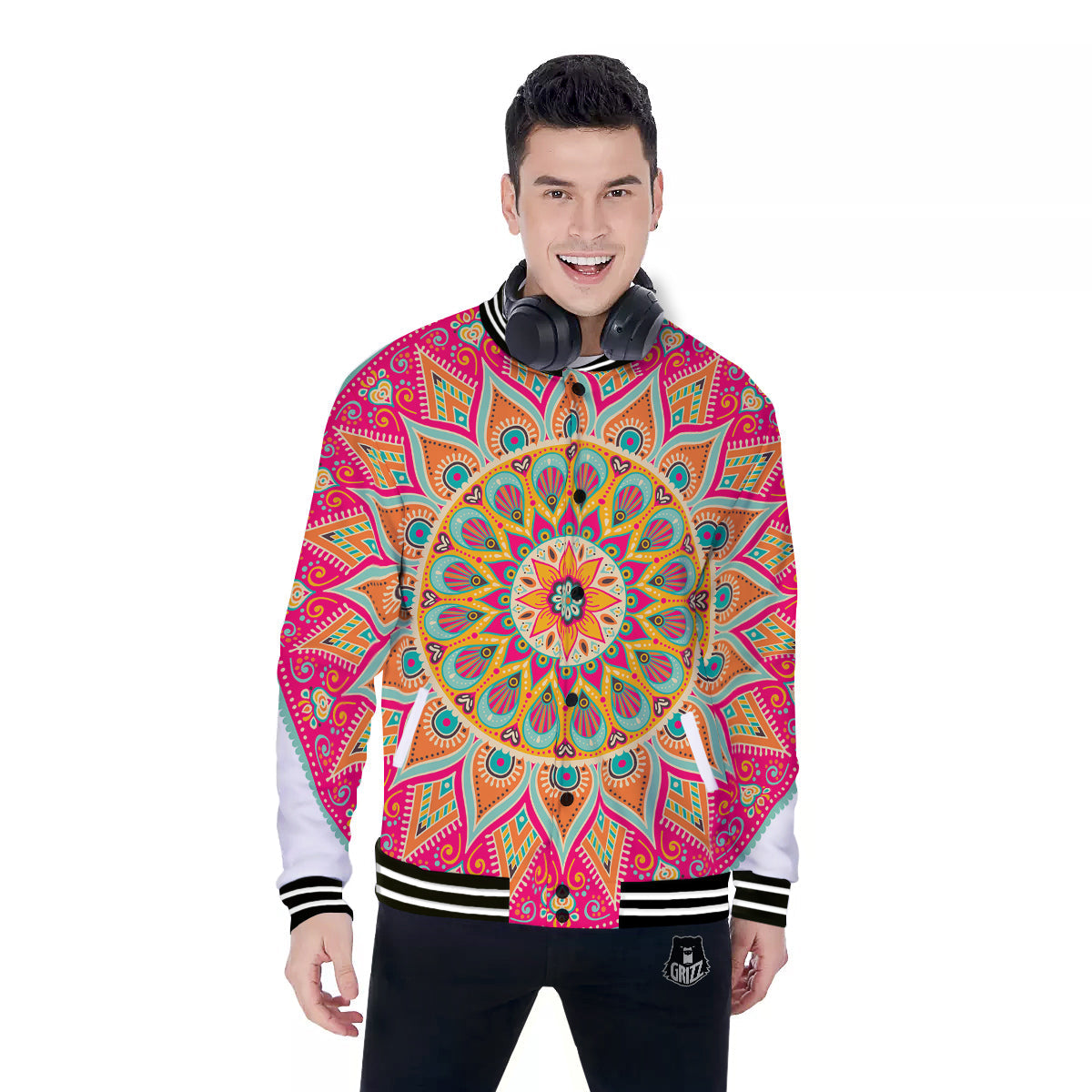 Mandala Circle Colorful Print Baseball Jacket-grizzshop