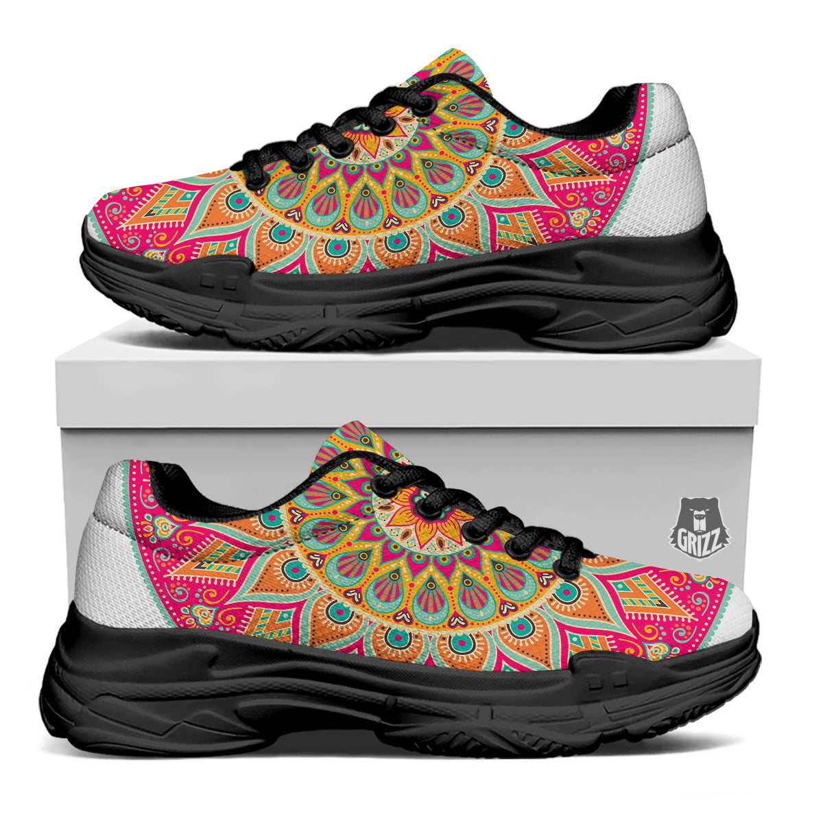 Mandala Circle Colorful Print Black Chunky Shoes-grizzshop