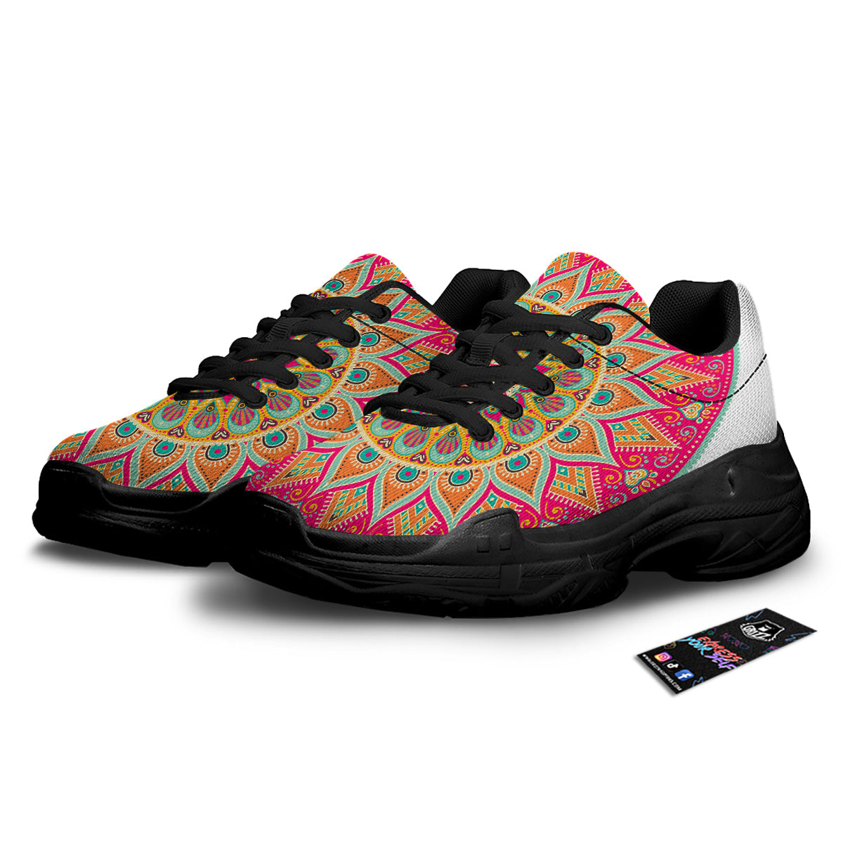 Mandala Circle Colorful Print Black Chunky Shoes-grizzshop