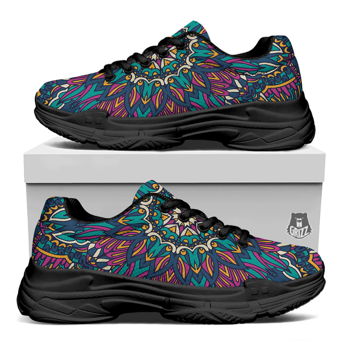 Mandala Coloful Print Black Chunky Shoes-grizzshop