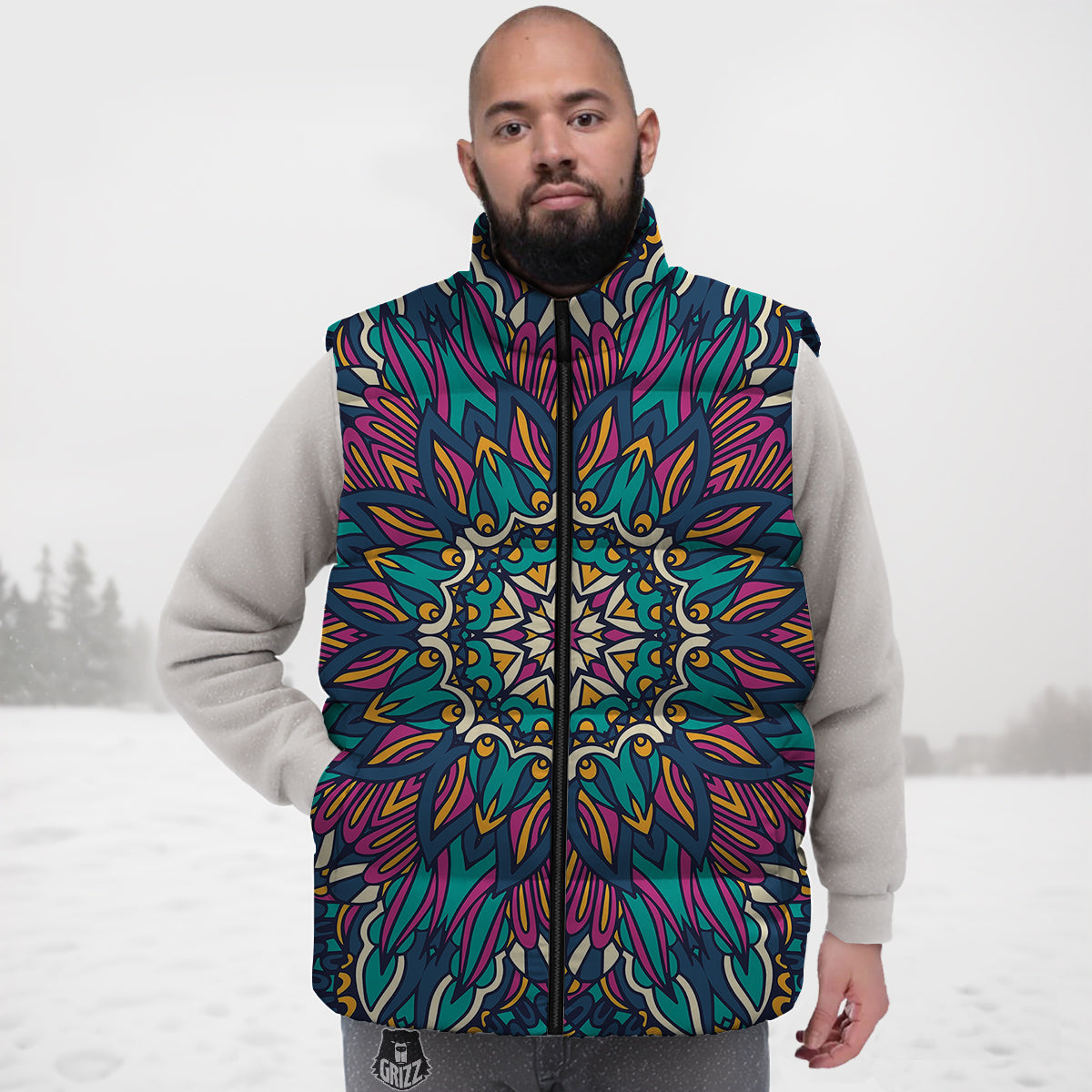 Mandala Coloful Print Down Vest-grizzshop