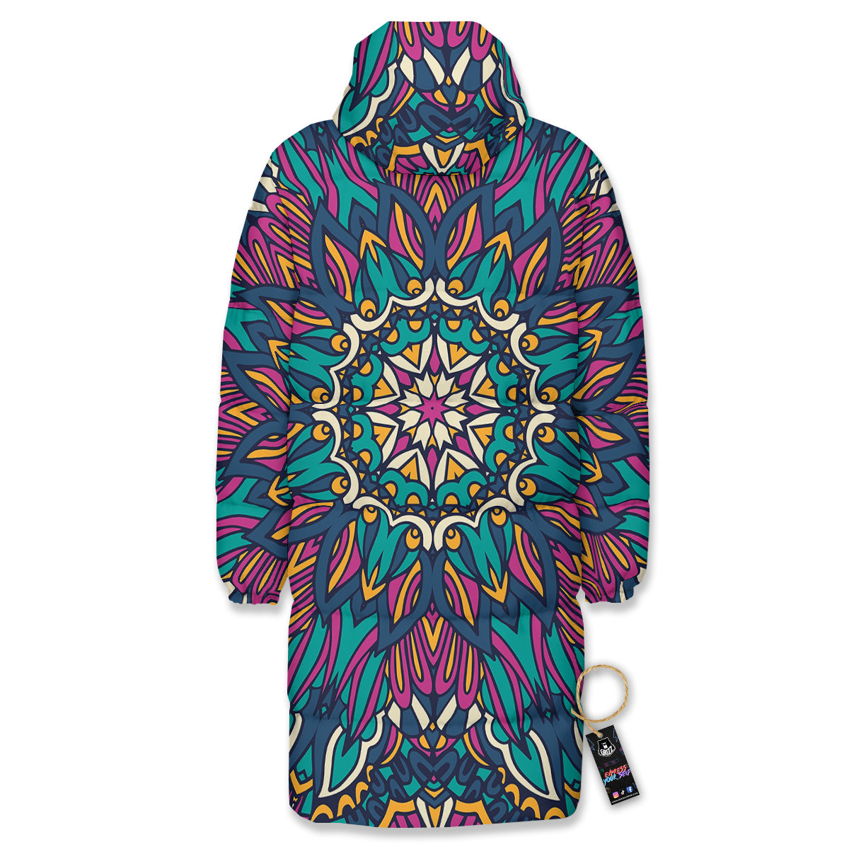 Mandala Coloful Print Long Down Jacket-grizzshop