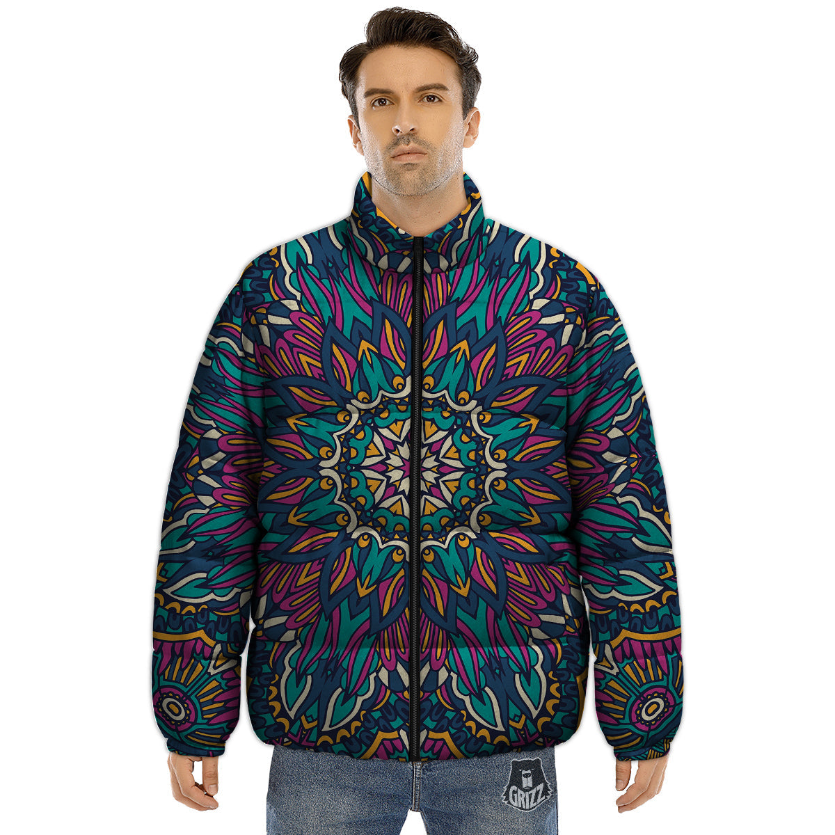 Mandala Coloful Print Puffer Jacket-grizzshop