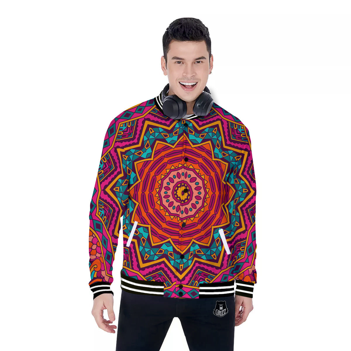Mandala Colorful Print Baseball Jacket-grizzshop
