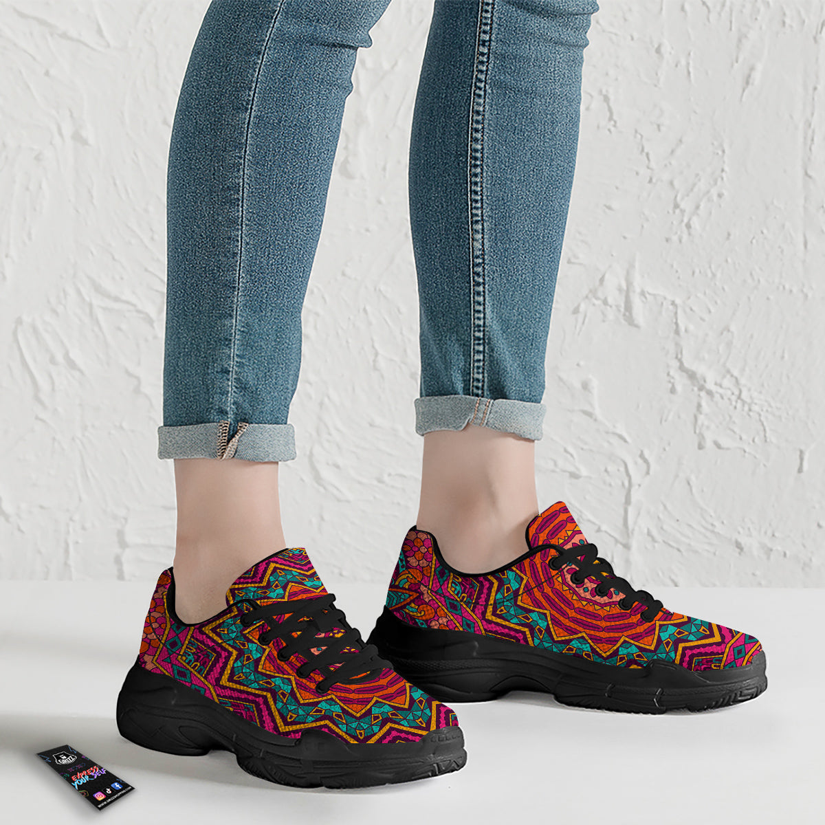Mandala Colorful Print Black Chunky Shoes-grizzshop