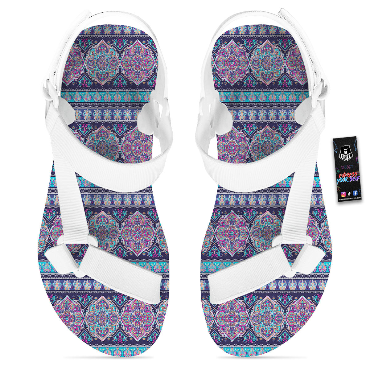 Mandala Ethnic Bohemian Print Pattern White Open Toe Sandals-grizzshop