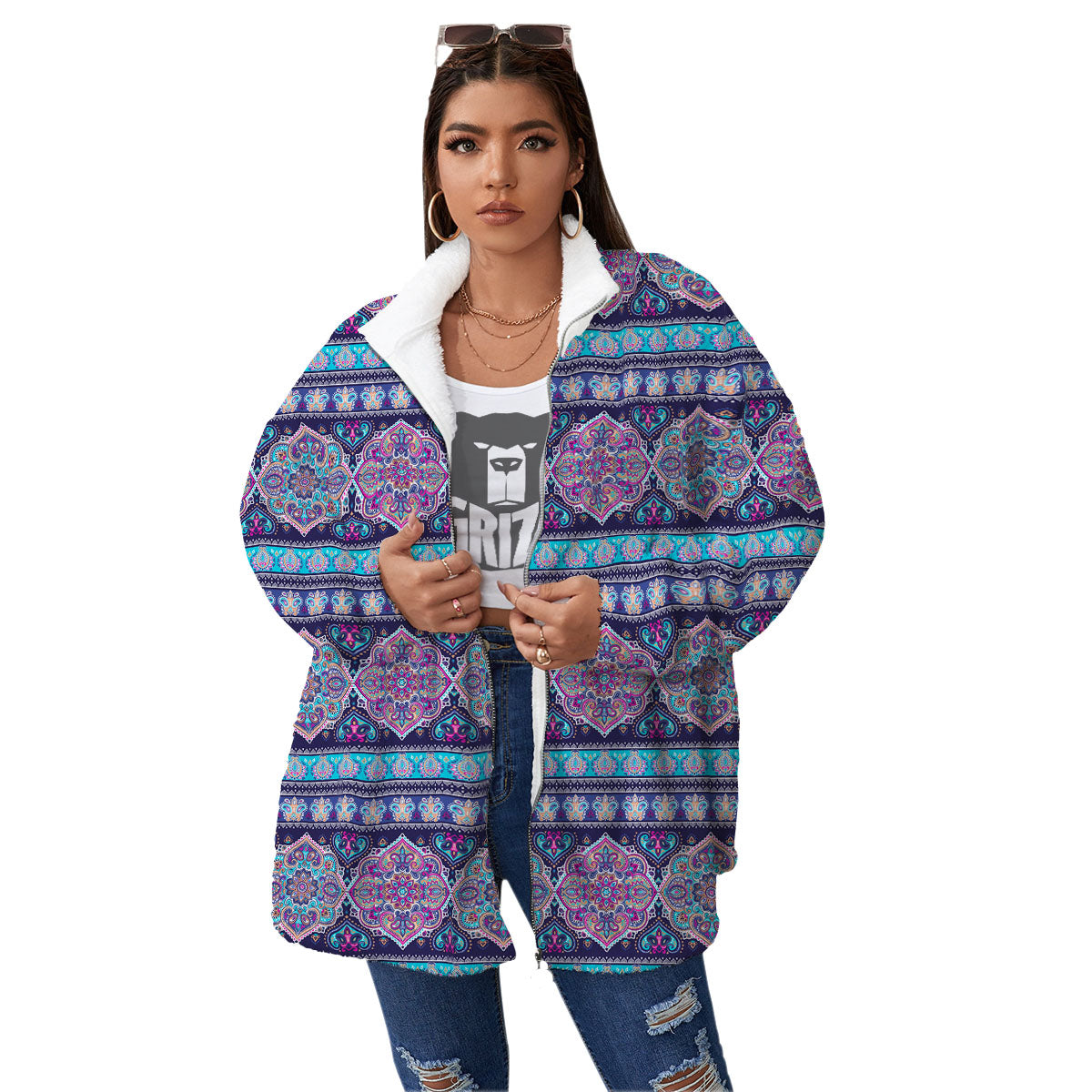 Mandala Ethnic Bohemian Print Pattern Women's Sherpa Jacket-grizzshop