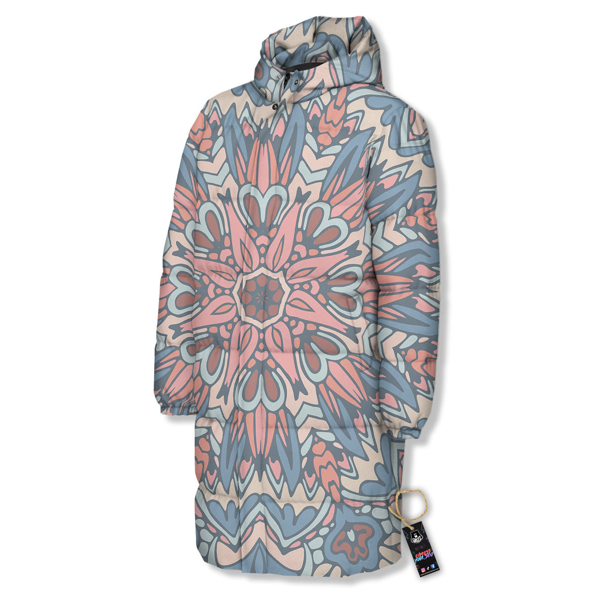 Mandala Ethnic Pastel Print Long Down Jacket-grizzshop