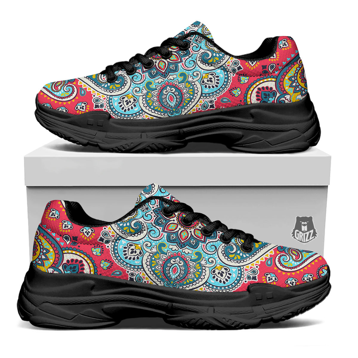 Mandala Floral Colorful Print Black Chunky Shoes-grizzshop