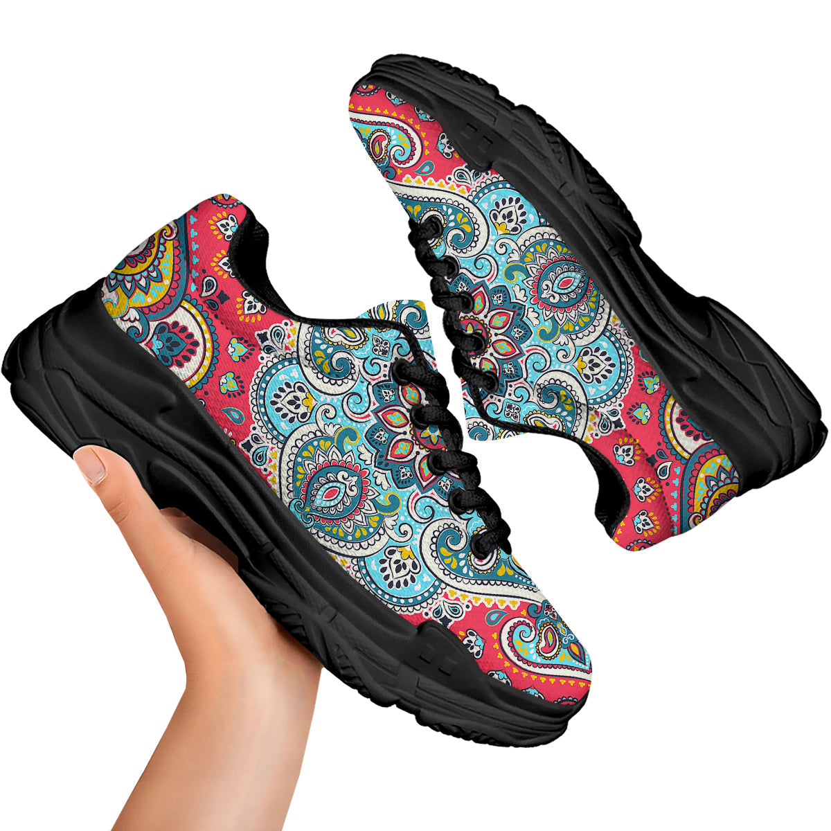 Mandala Floral Colorful Print Black Chunky Shoes-grizzshop