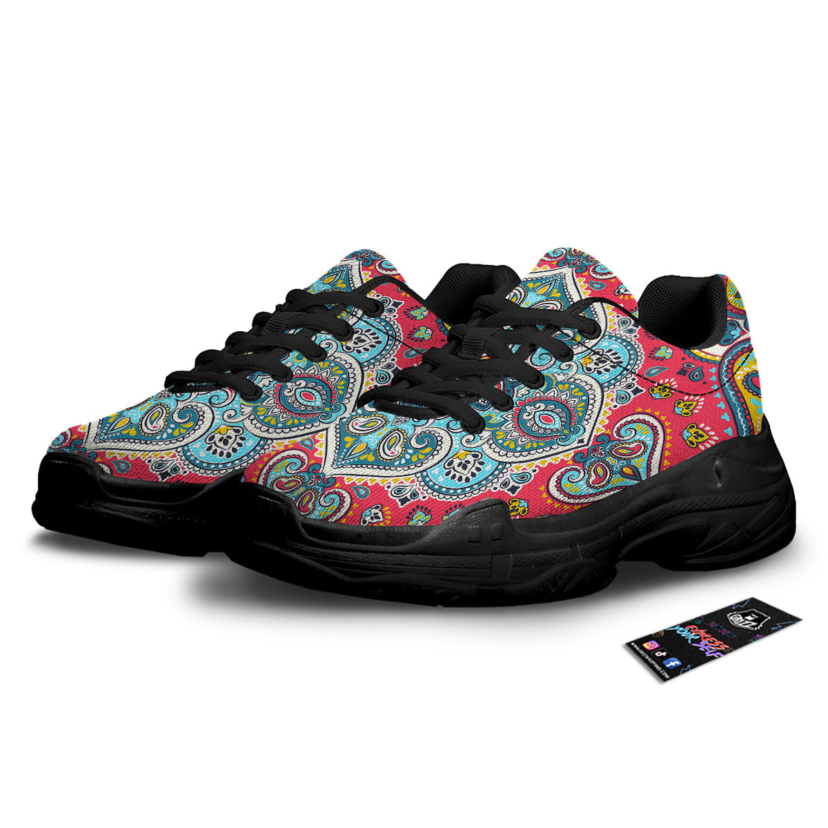 Mandala Floral Colorful Print Black Chunky Shoes-grizzshop