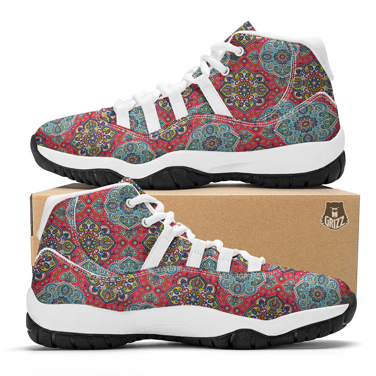 Mandala Floral Paisley Print White Bball Shoes-grizzshop