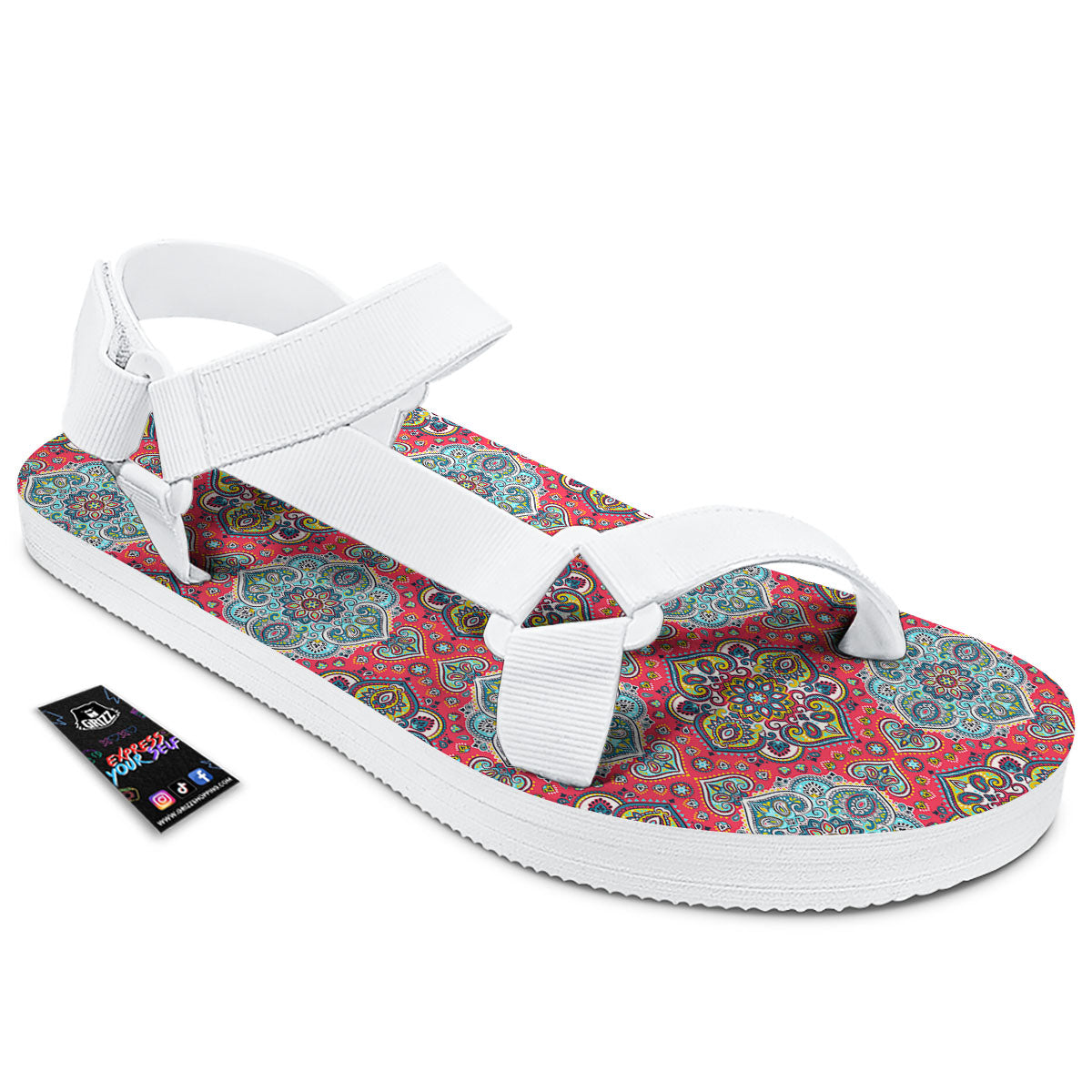 Mandala Floral Paisley Print White Open Toe Sandals-grizzshop