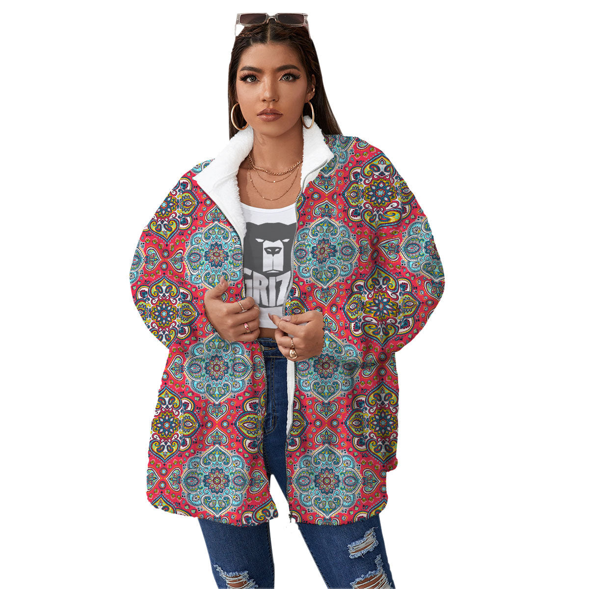 Mandala Floral Paisley Print Women's Sherpa Jacket-grizzshop