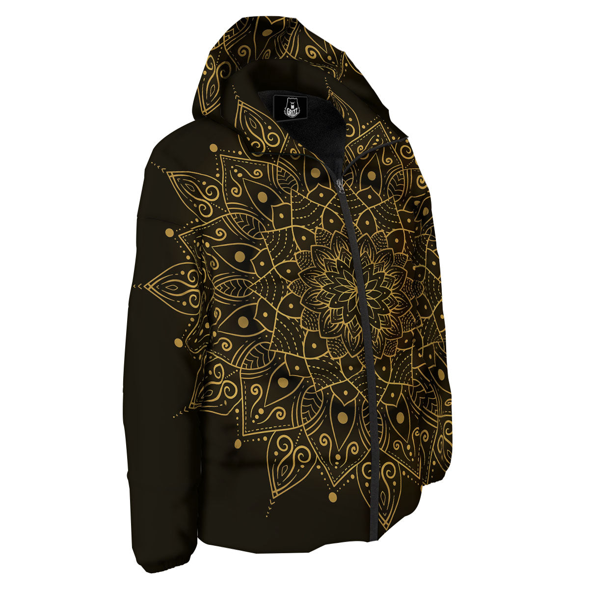 Mandala Gold And Black Print Down Jacket-grizzshop