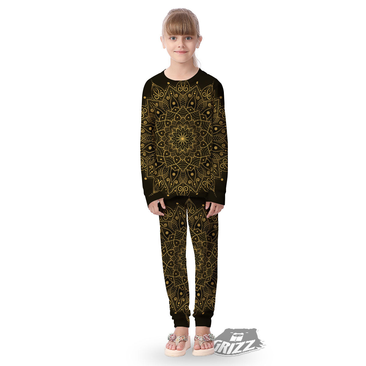 Mandala Gold And Black Print Kid's Pajamas-grizzshop