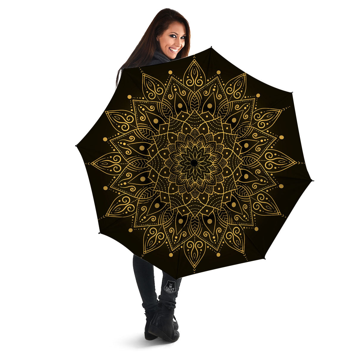 Mandala Gold And Black Print Umbrella-grizzshop