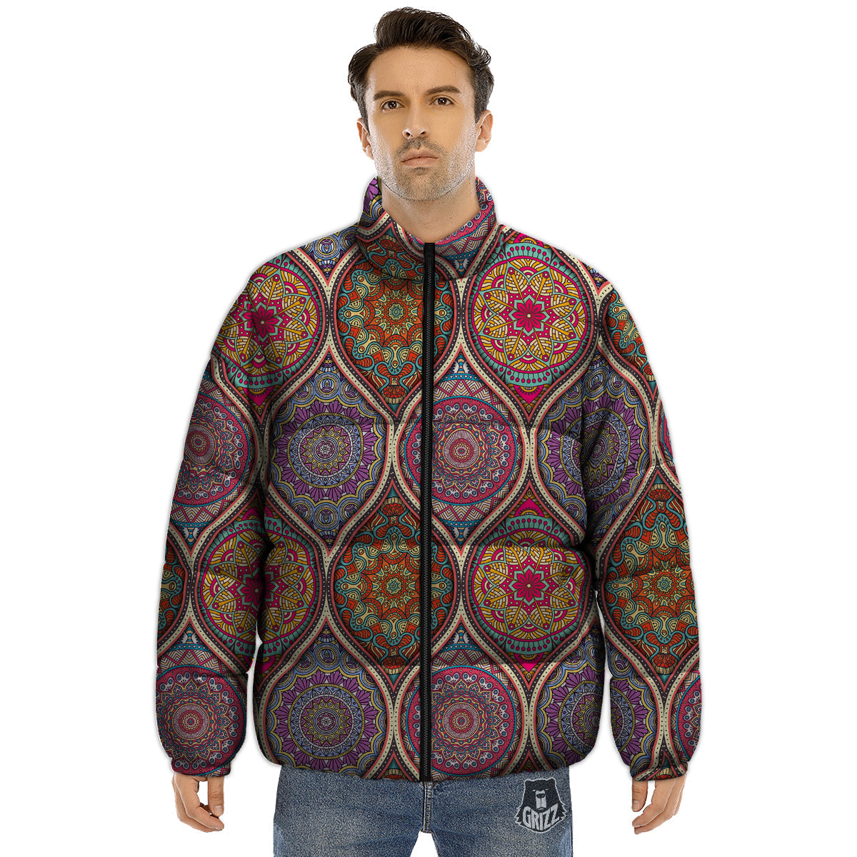 Mandala Indian Vintage Print Pattern Puffer Jacket-grizzshop