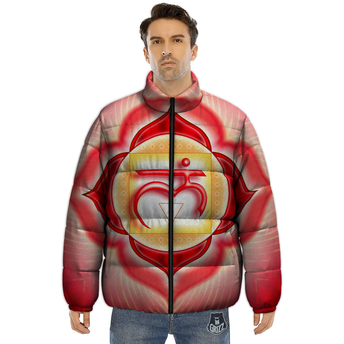 Mandala Muladhara Chakra Print Puffer Jacket-grizzshop