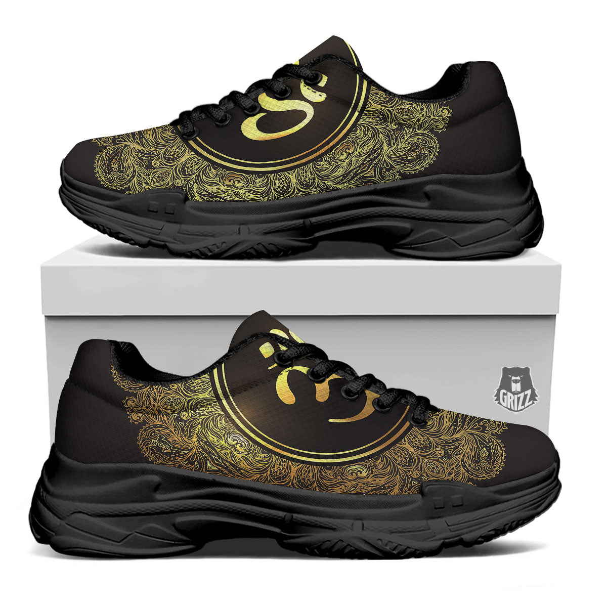 Mandala Om Gold Print Black Chunky Shoes-grizzshop