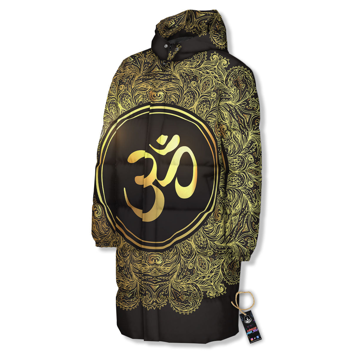 Mandala Om Gold Print Long Down Jacket-grizzshop