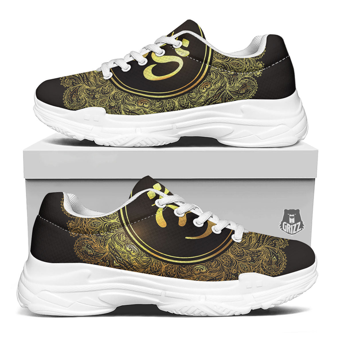 Mandala Om Gold Print White Chunky Shoes-grizzshop