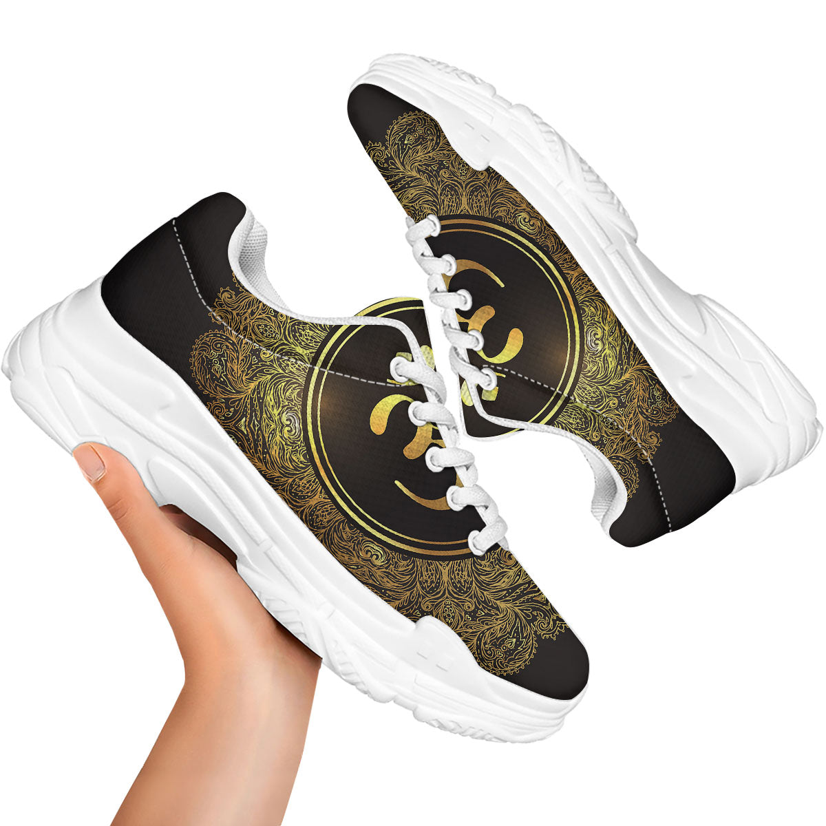 Mandala Om Gold Print White Chunky Shoes-grizzshop