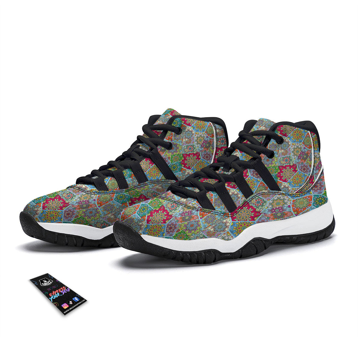 Mandala Patchwork Bohemian Indian Print Black Bball Shoes-grizzshop