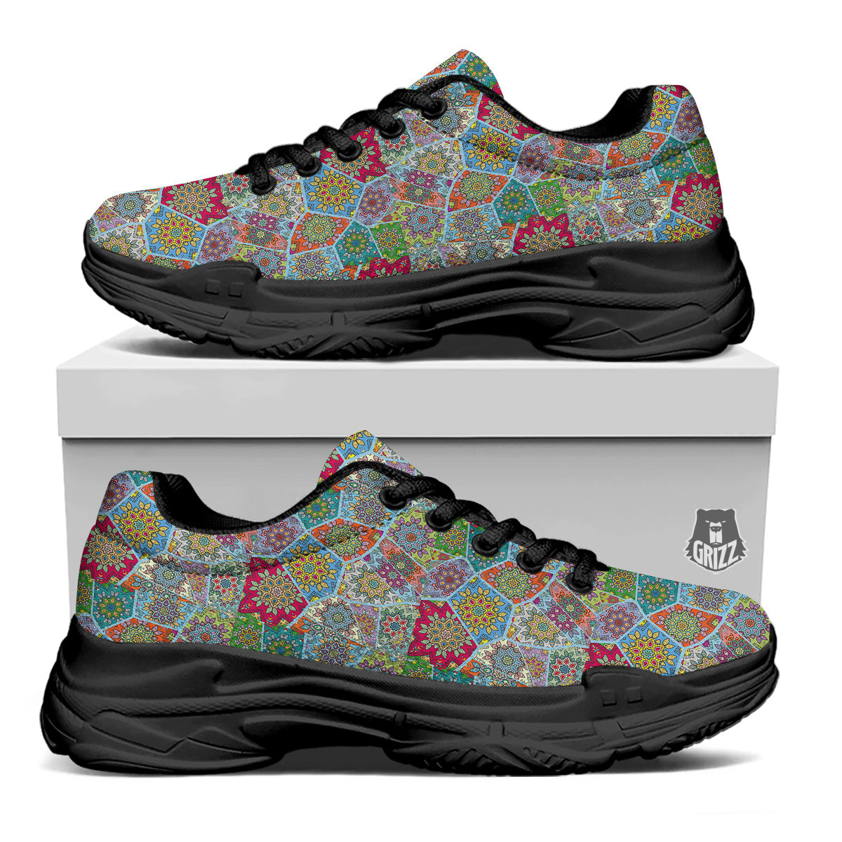 Mandala Patchwork Bohemian Indian Print Black Chunky Shoes-grizzshop