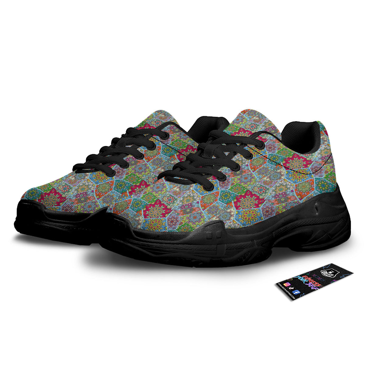 Mandala Patchwork Bohemian Indian Print Black Chunky Shoes-grizzshop