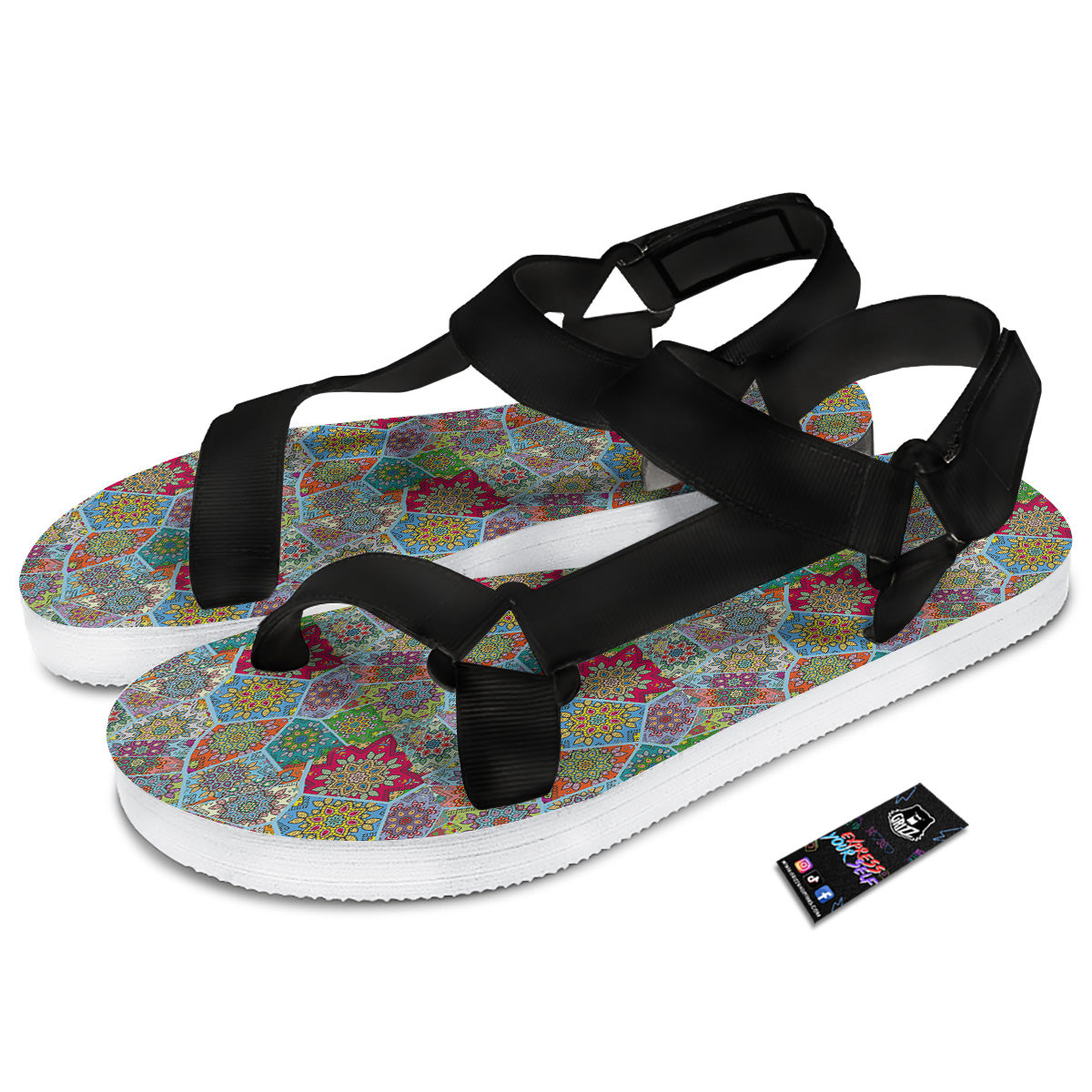 Mandala Patchwork Bohemian Indian Print Black Open Toe Sandals-grizzshop