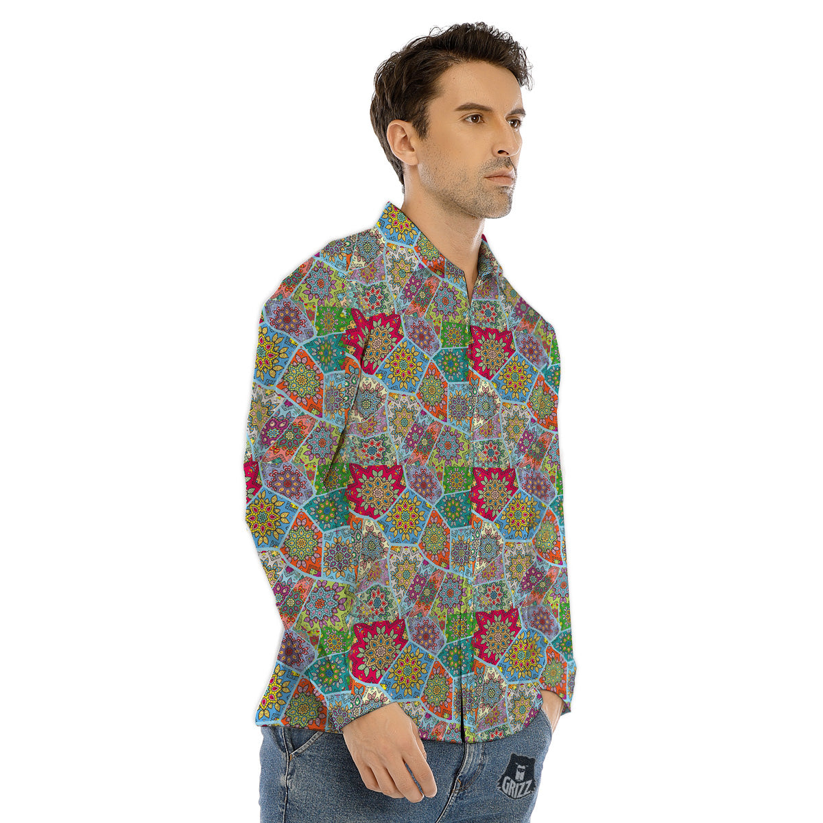 Mandala Patchwork Bohemian Indian Print Men's Dress Shirts-grizzshop