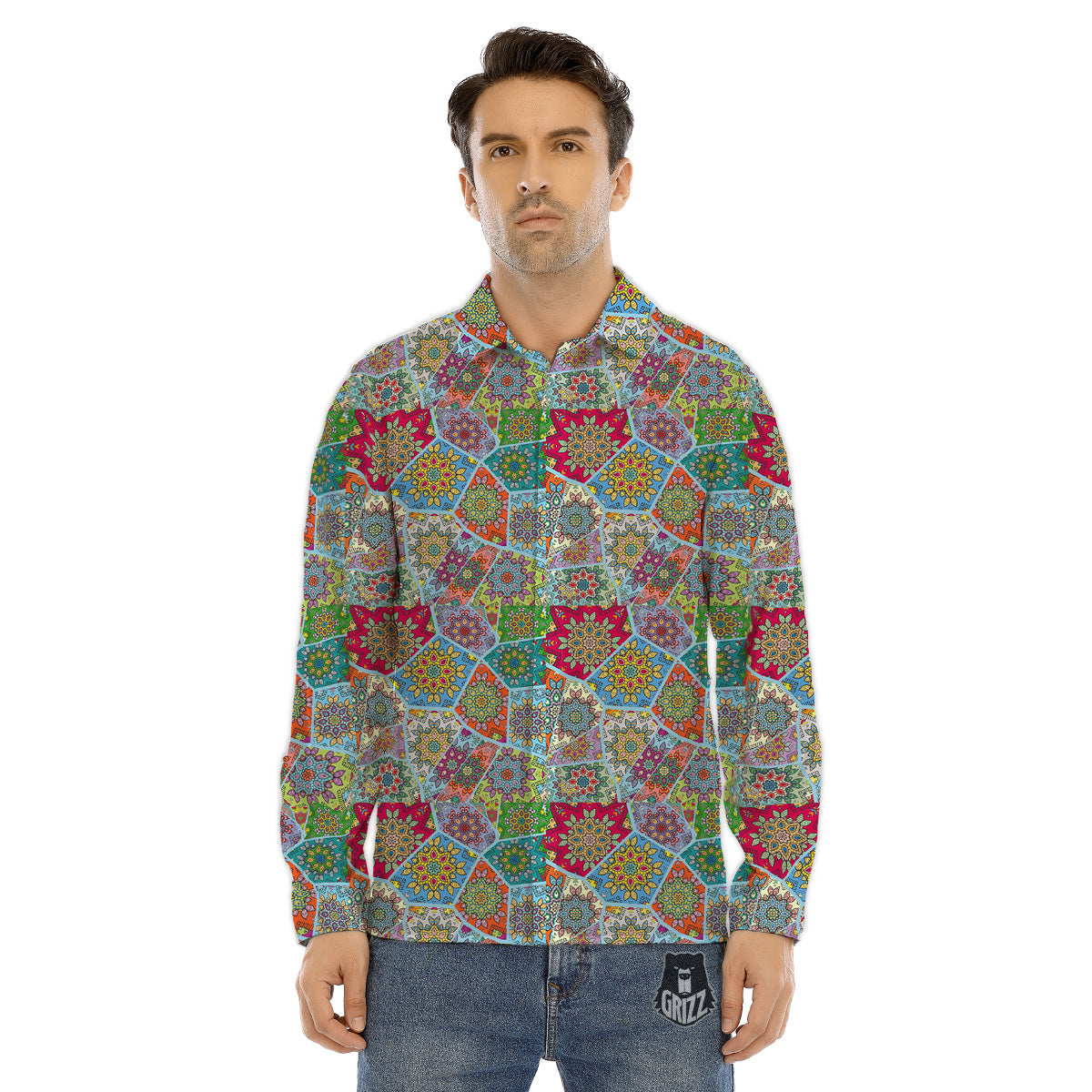 Mandala Patchwork Bohemian Indian Print Men's Dress Shirts-grizzshop