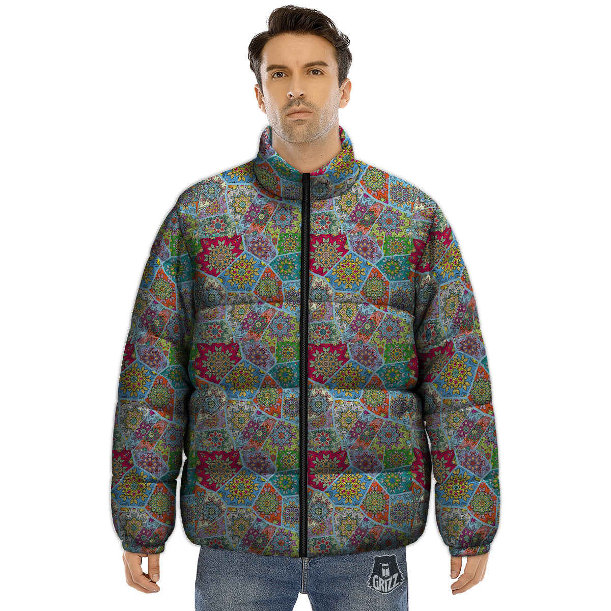Mandala Patchwork Bohemian Indian Print Puffer Jacket-grizzshop
