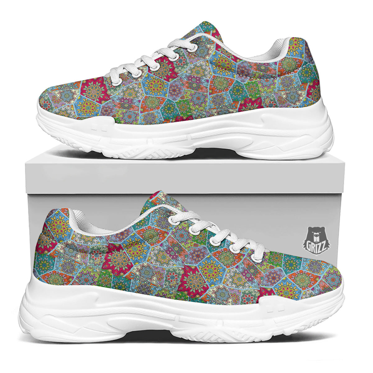 Mandala Patchwork Bohemian Indian Print White Chunky Shoes-grizzshop