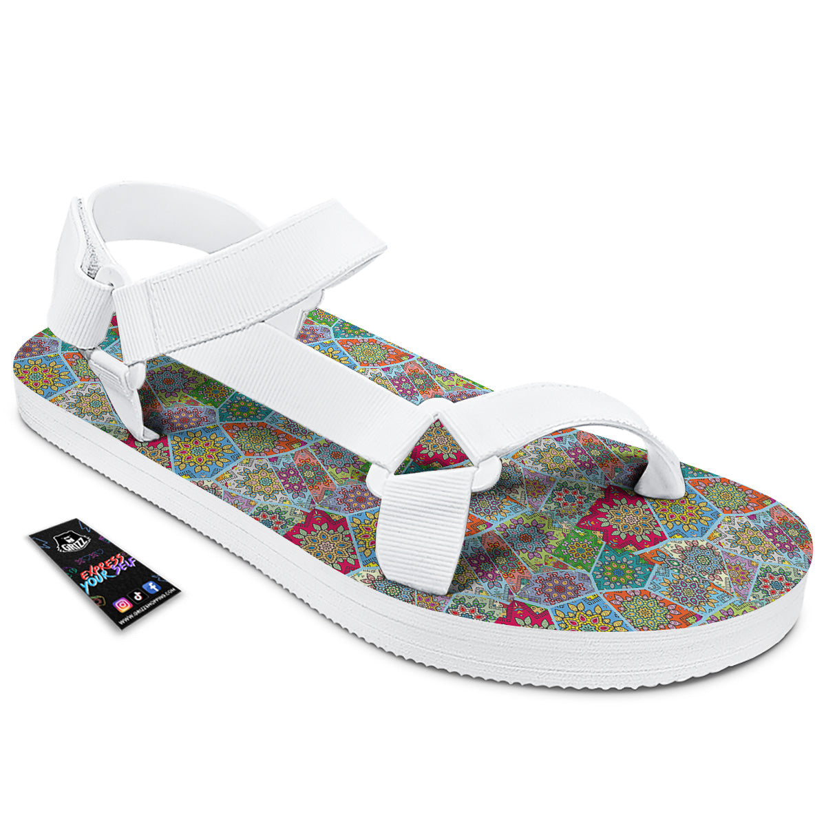 Mandala Patchwork Bohemian Indian Print White Open Toe Sandals-grizzshop