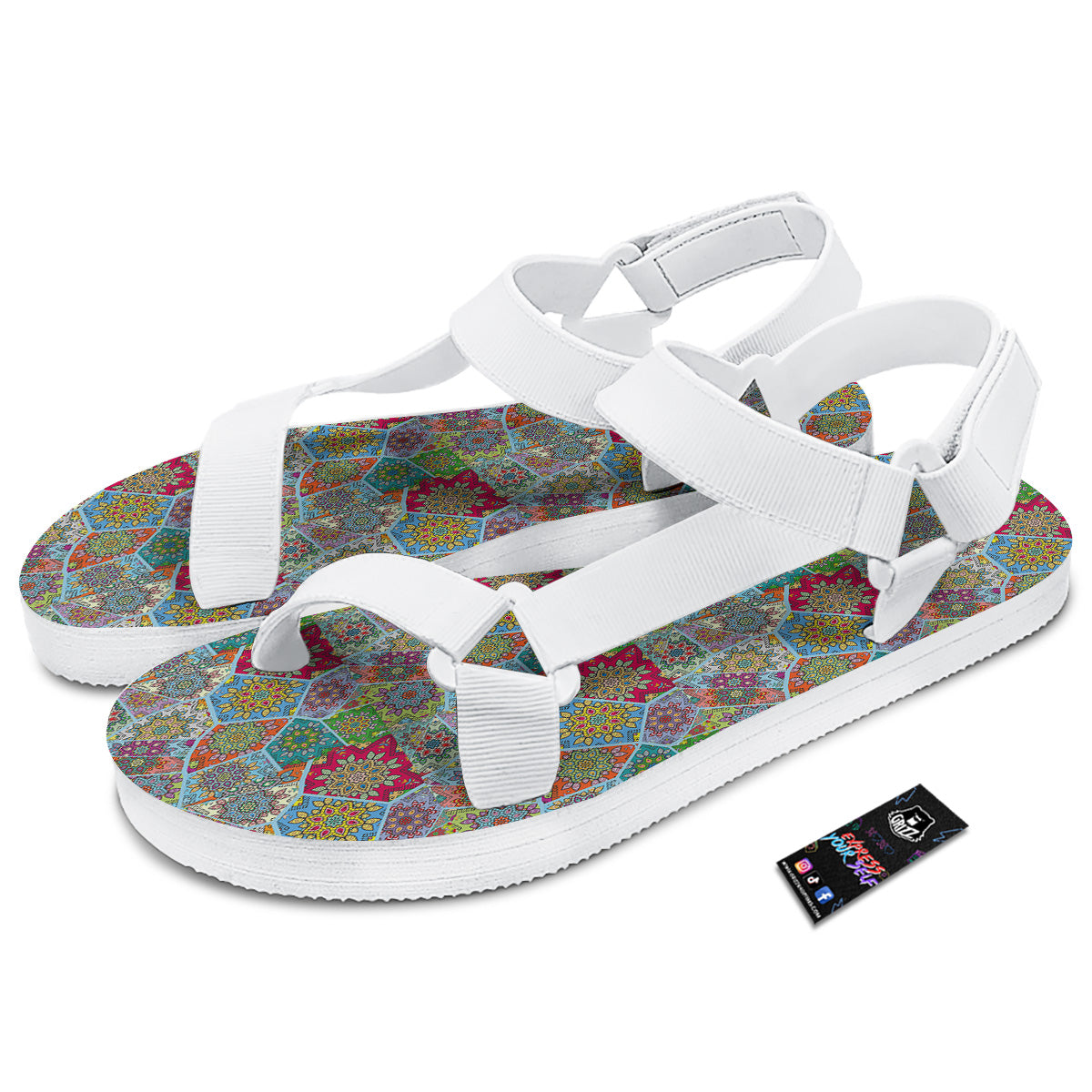 Mandala Patchwork Bohemian Indian Print White Open Toe Sandals-grizzshop