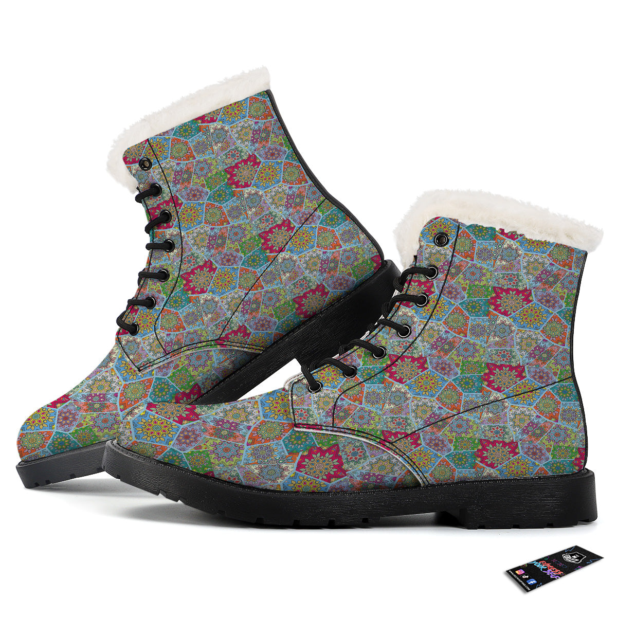 Mandala Patchwork Bohemian Indian Print Winter Boots-grizzshop