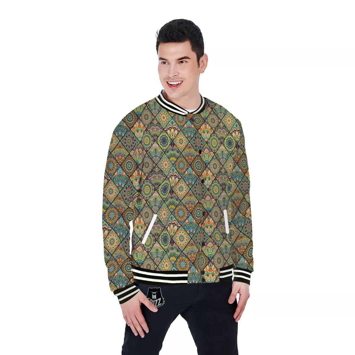 Mandala Patchwork Oval Bohemian Print Pattern Baseball Jacket-grizzshop