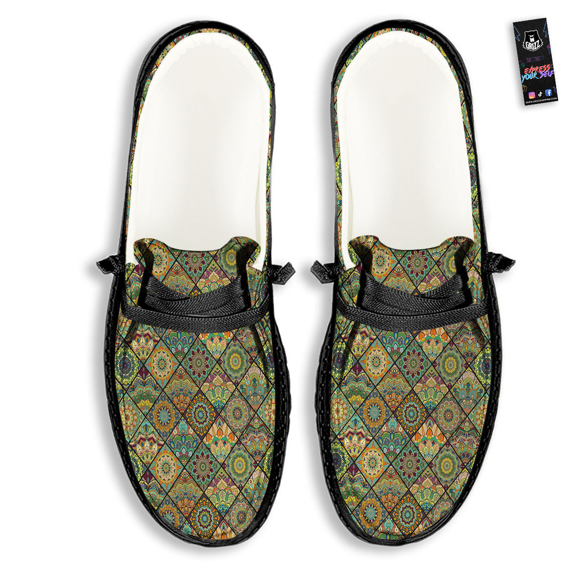 Mandala Patchwork Oval Bohemian Print Pattern Black Loafers-grizzshop