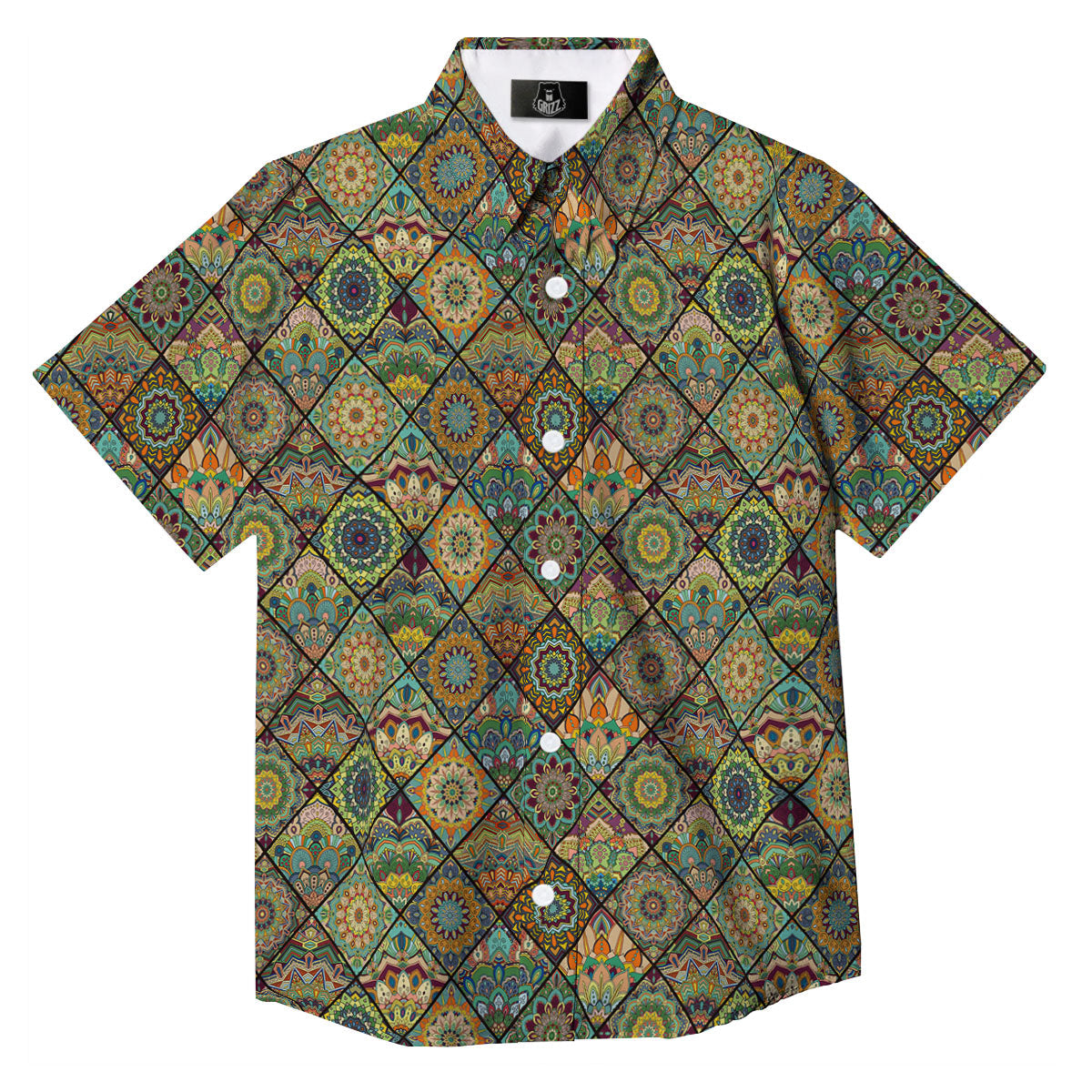 Mandala Patchwork Oval Bohemian Print Pattern Button Up Shirt-grizzshop