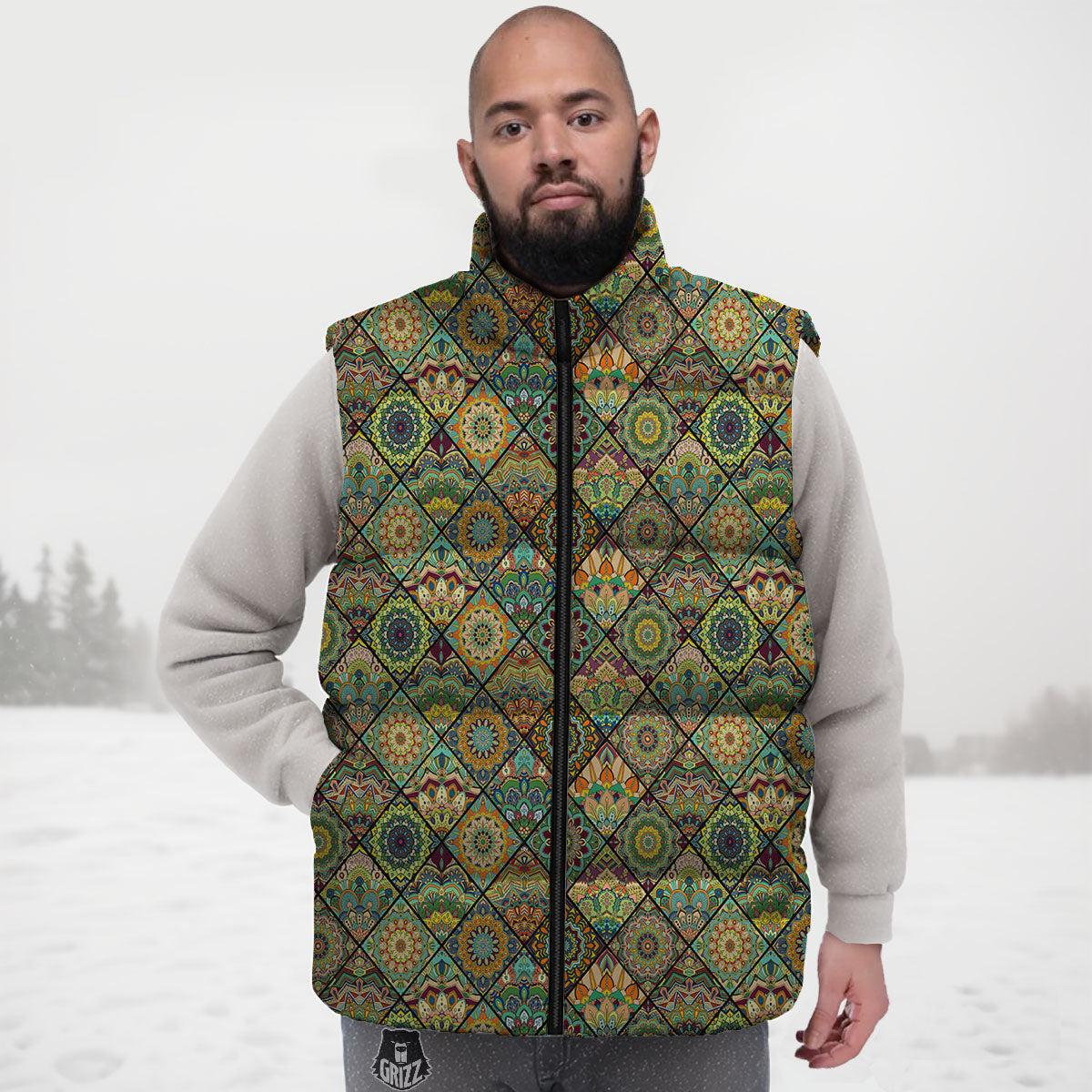 Mandala Patchwork Oval Bohemian Print Pattern Down Vest