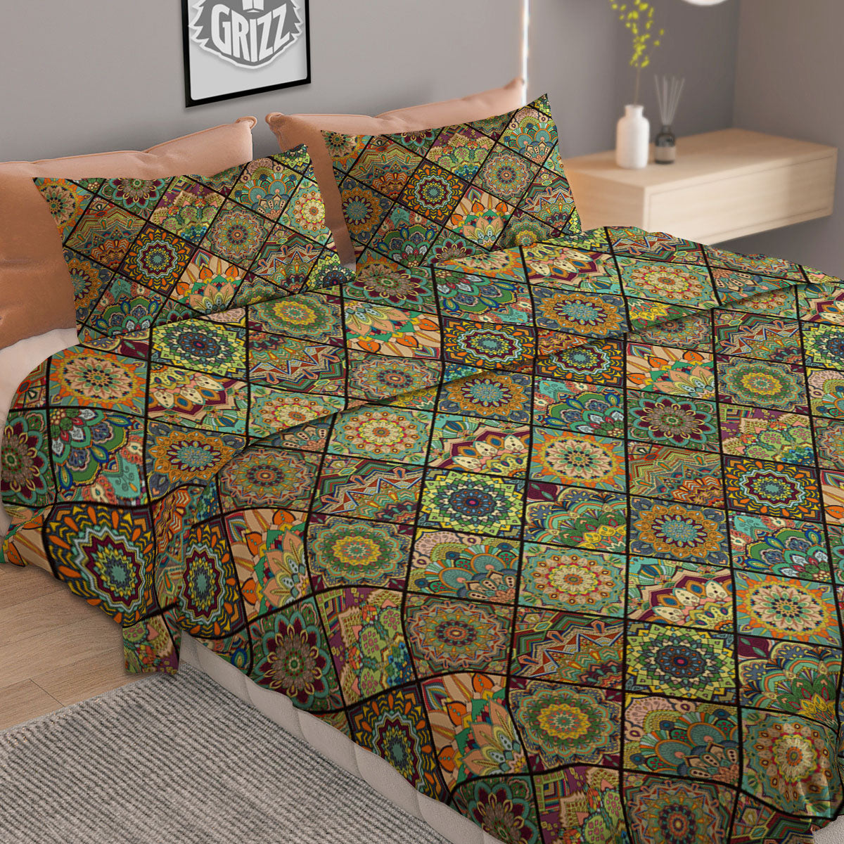 Mandala Patchwork Oval Bohemian Print Pattern Duvet Cover Bedding Set